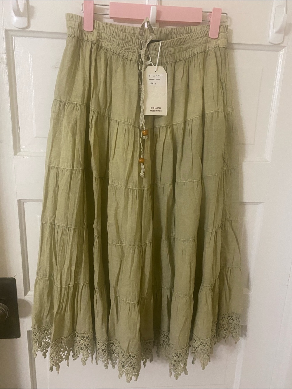 NWT Young Threads Sage Green Tiered Midi Skirt Lace Trim Cotton Large - Picture 8 of 8